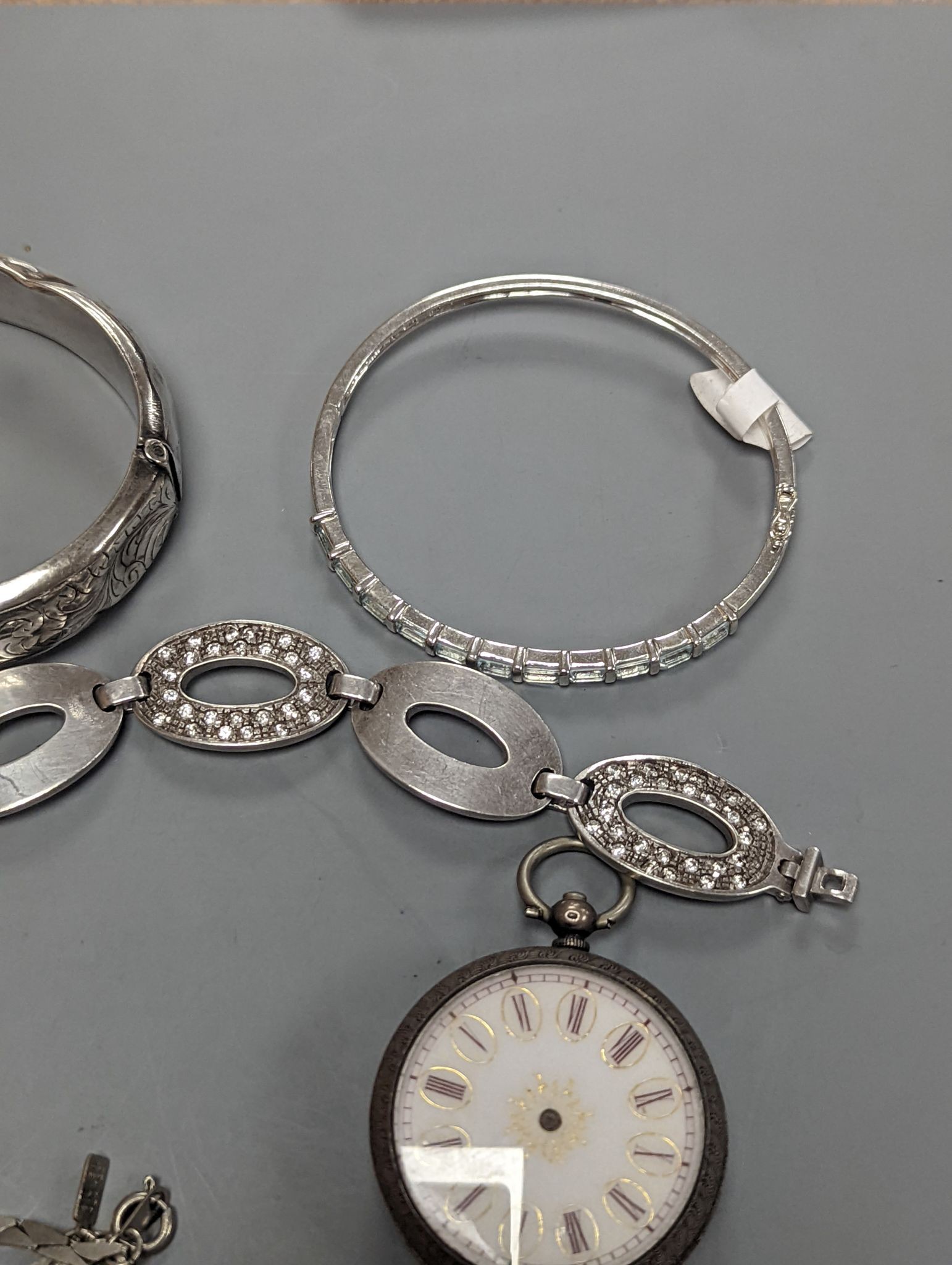 A quantity of assorted jewellery etc. including Danish sterling bangle and leaf brooch, a white meta and niello bracelet and a 925 and enamel flower brooch.